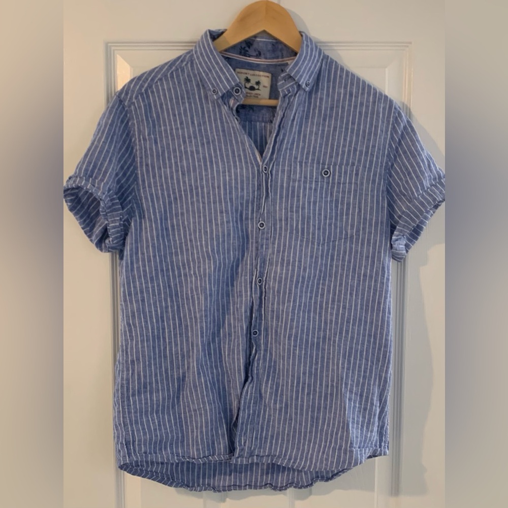 Report Collection Blue & White Striped Short-Sleeve Button-Down Shirt